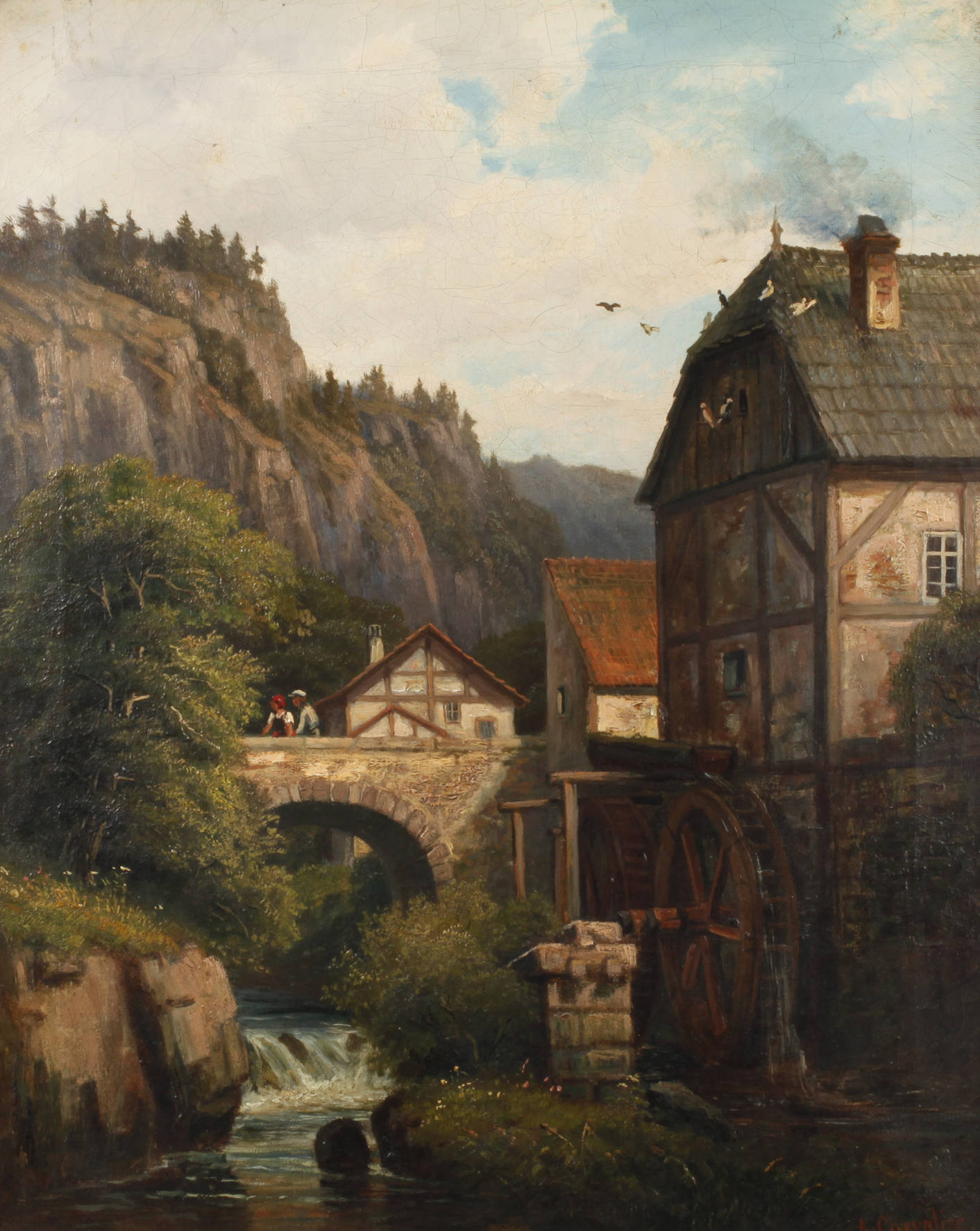 Adolf Chevalier, Gebirgslandschaft mit Wassermühle
