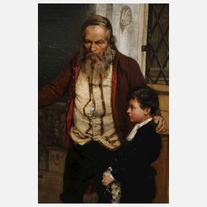 Prof. Ferdinand Brütt, "Alter Mann mit kleinem Jungen an einem Grabmal"