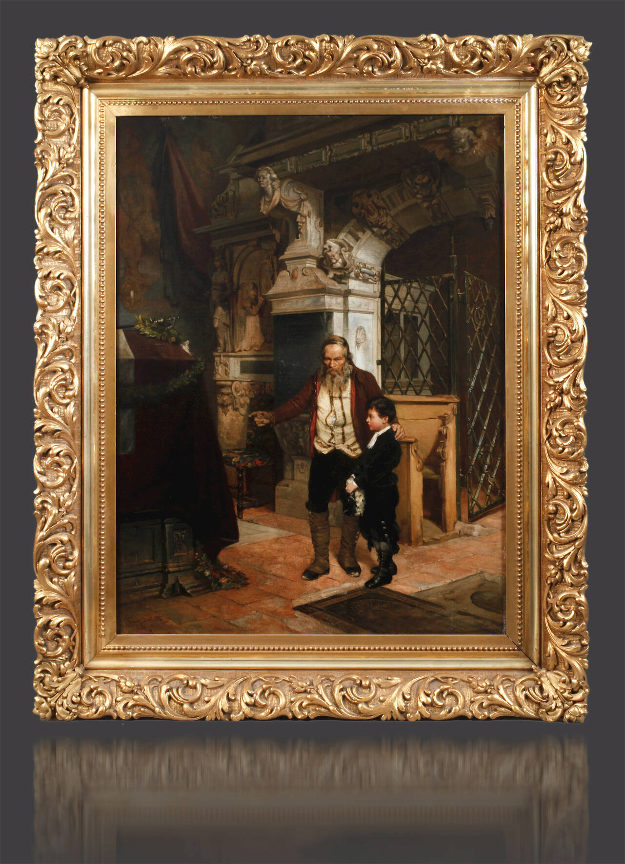 Prof. Ferdinand Brütt, "Alter Mann mit kleinem Jungen an einem Grabmal"