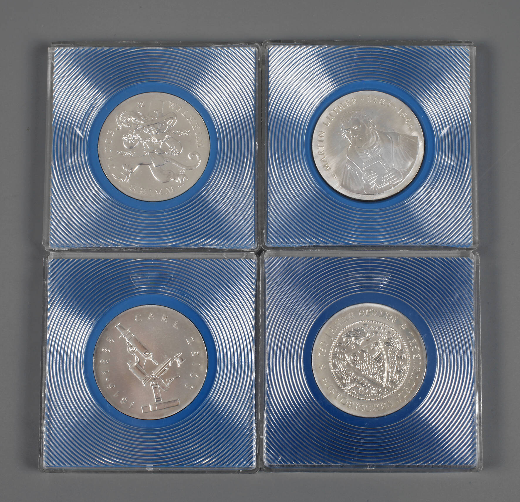 Vier Gedenkmünzen DDR (Luther, Stadtsiegel, Zeiss, Grimm)