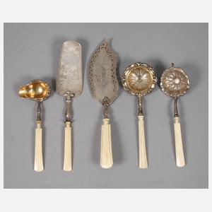 Silber fünf Vorlegeteile mit Elfenbeingriffen