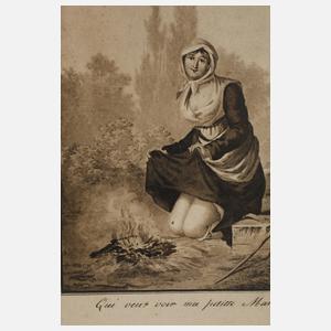 Marketenderin sich am Feuer wärmend