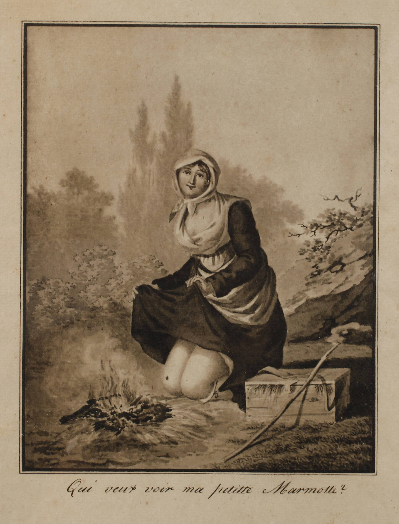 Marketenderin sich am Feuer wärmend