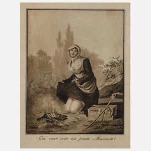 Marketenderin sich am Feuer wärmend