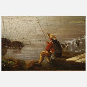 Romantische Flusslandschaft mit Angler