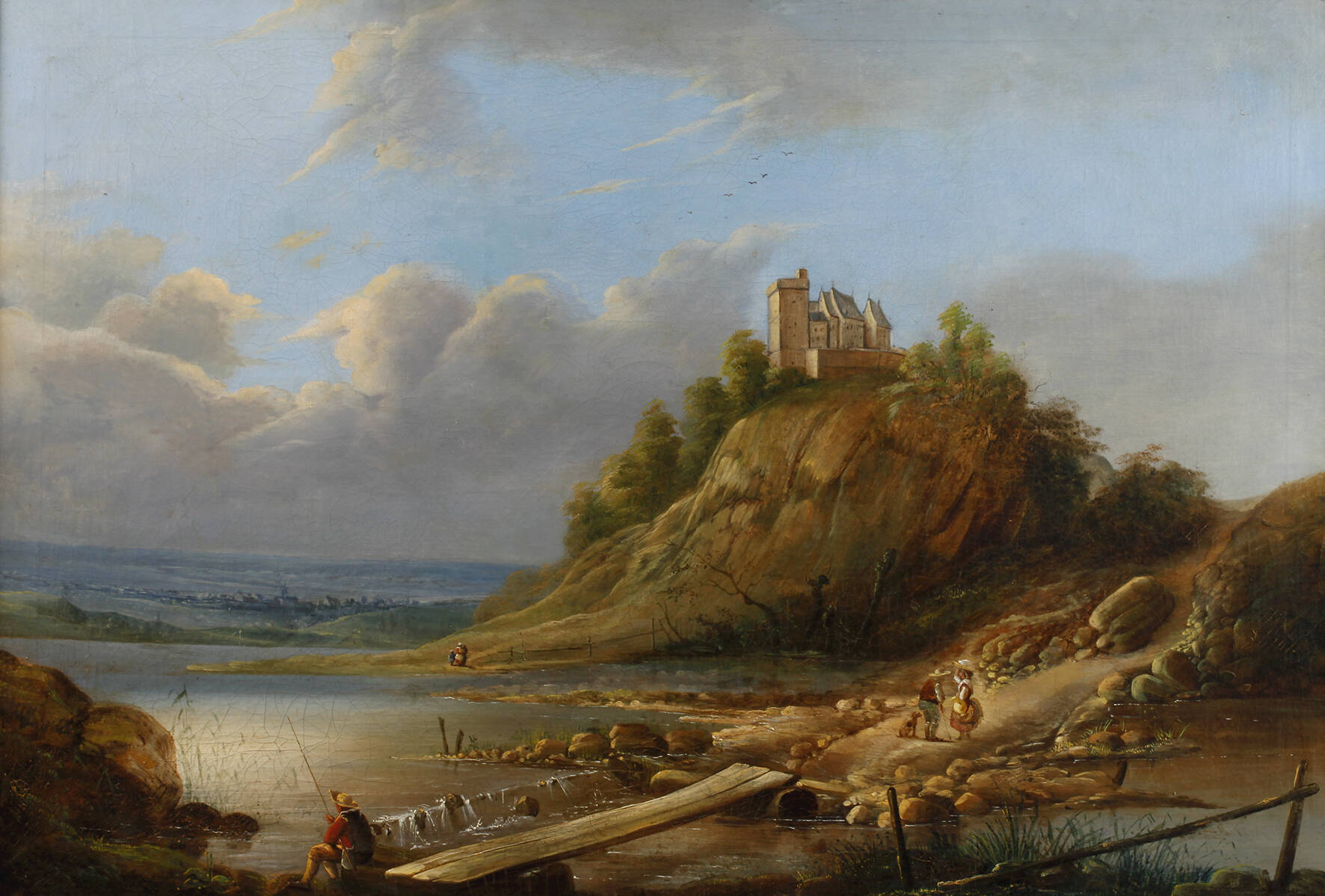 Romantische Flusslandschaft mit Angler