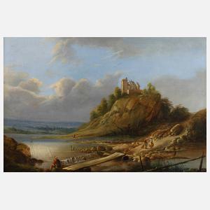 Romantische Flusslandschaft mit Angler