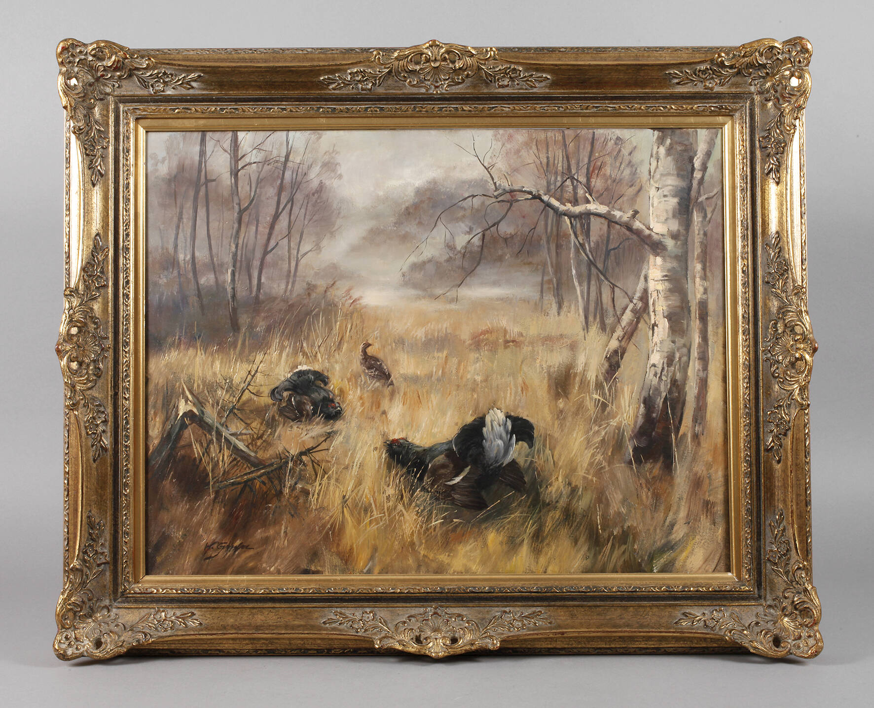 W. Gruber, Balzende Auerhähne auf Waldlichtung