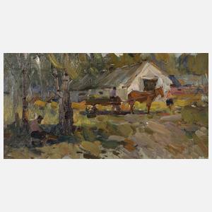 Pferdekarren vorm Dorf