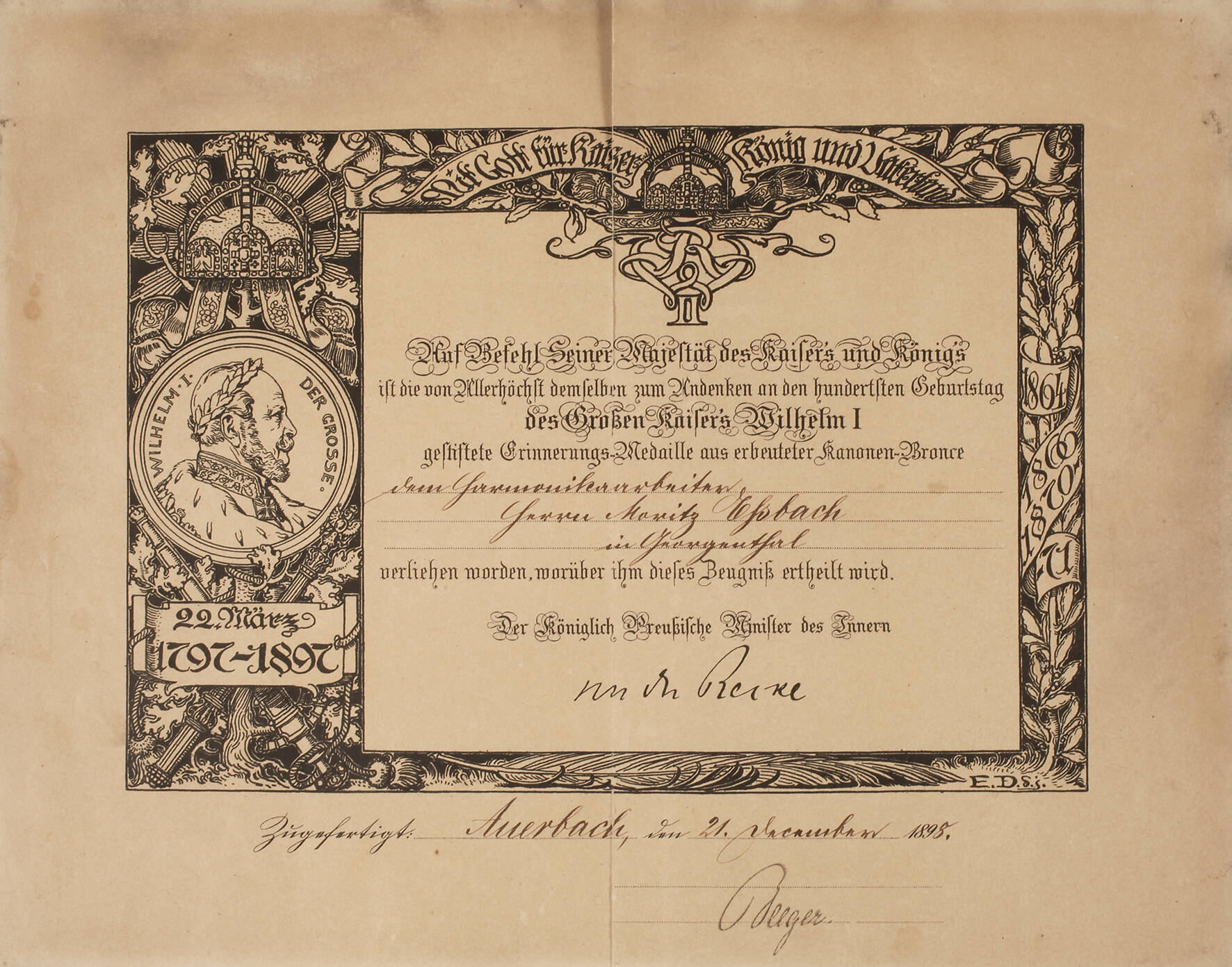 Urkunde Erinnerungsmedaille