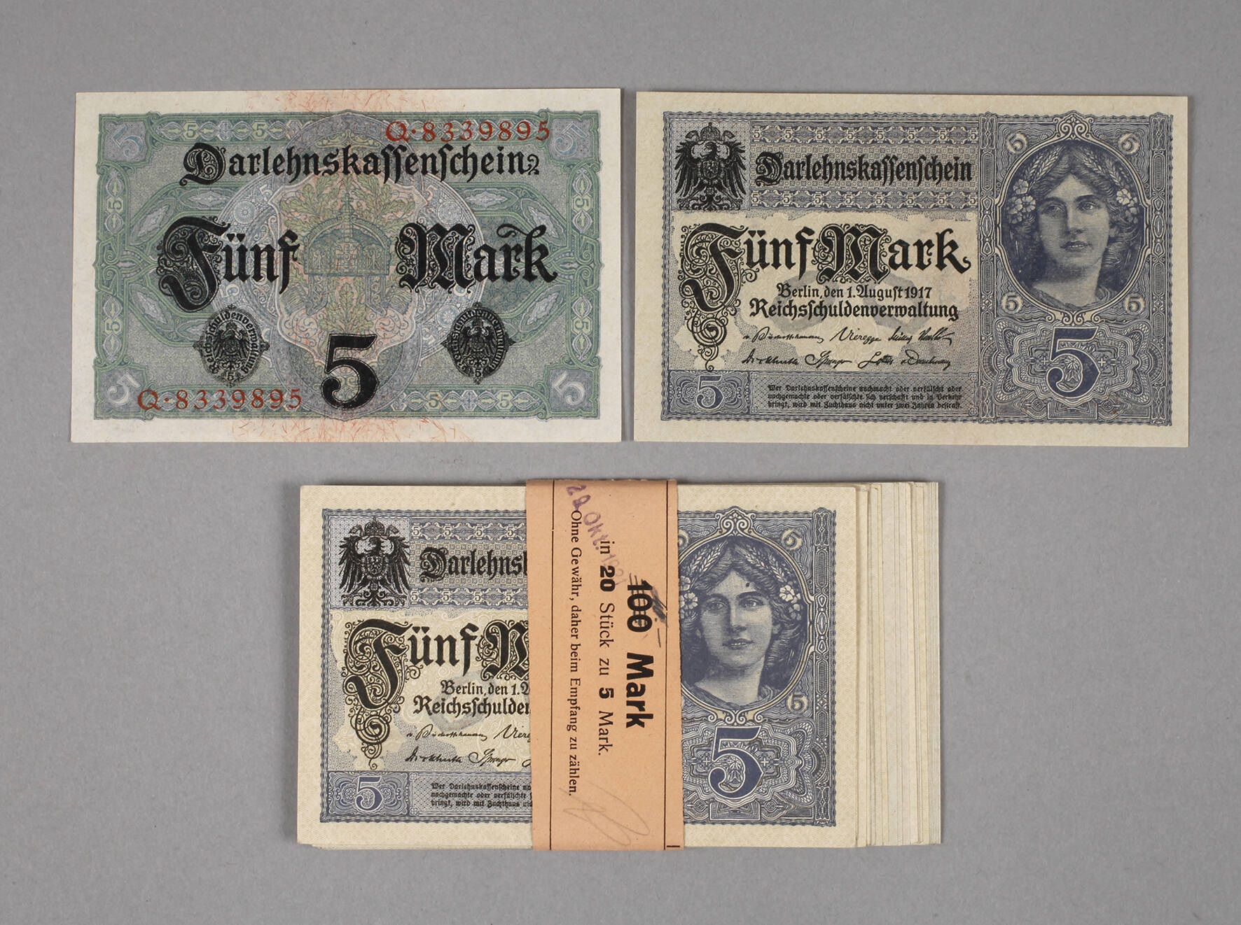 Konvolut 5 Mark-Darlehenskassenscheine 1917