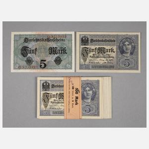 Konvolut 5 Mark-Darlehenskassenscheine 1917