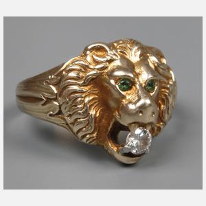 Löwenkopfring mit Smaragden und Brillant
