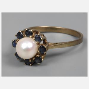 Damenring mit Perle und Saphiren