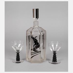 Art déco Karaffe mit Skifahrern