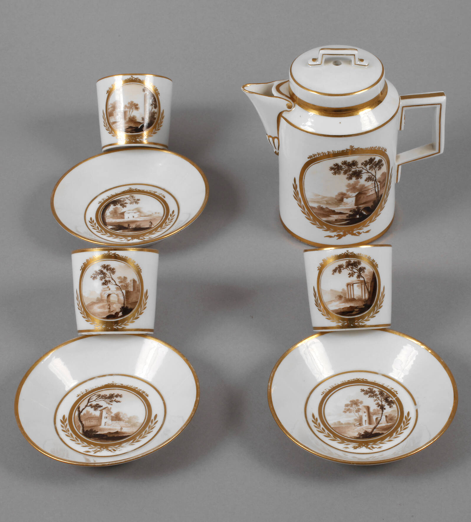 Gotha Kanne und drei Tassen mit Sepiamalerei