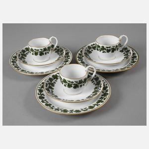Meissen drei Mokkagedecke "Voller grüner Weinkranz"
