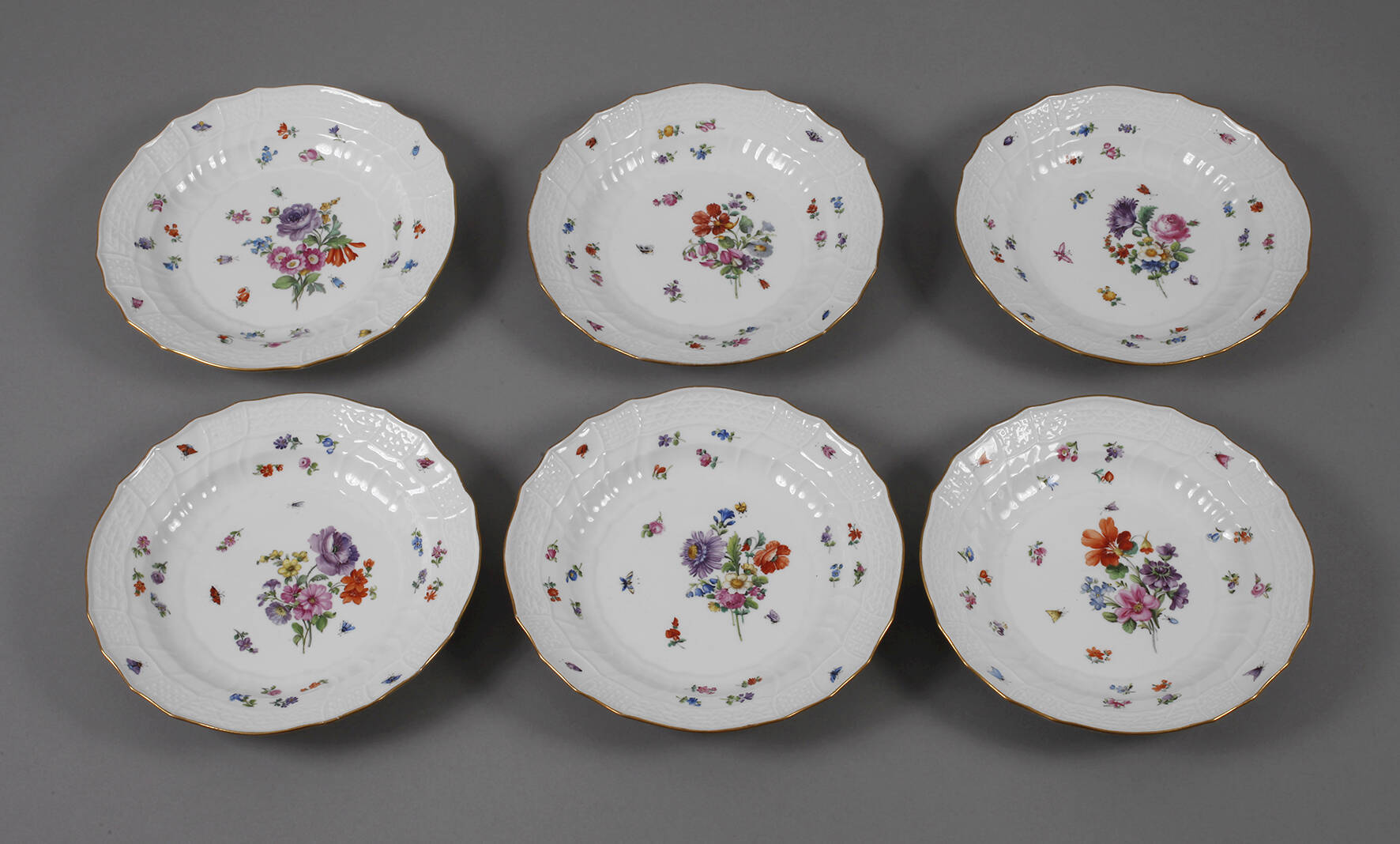 Meissen sechs Suppenteller "Blumen und Insekten"