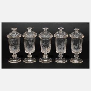 Fünf jagdliche Deckelpokale