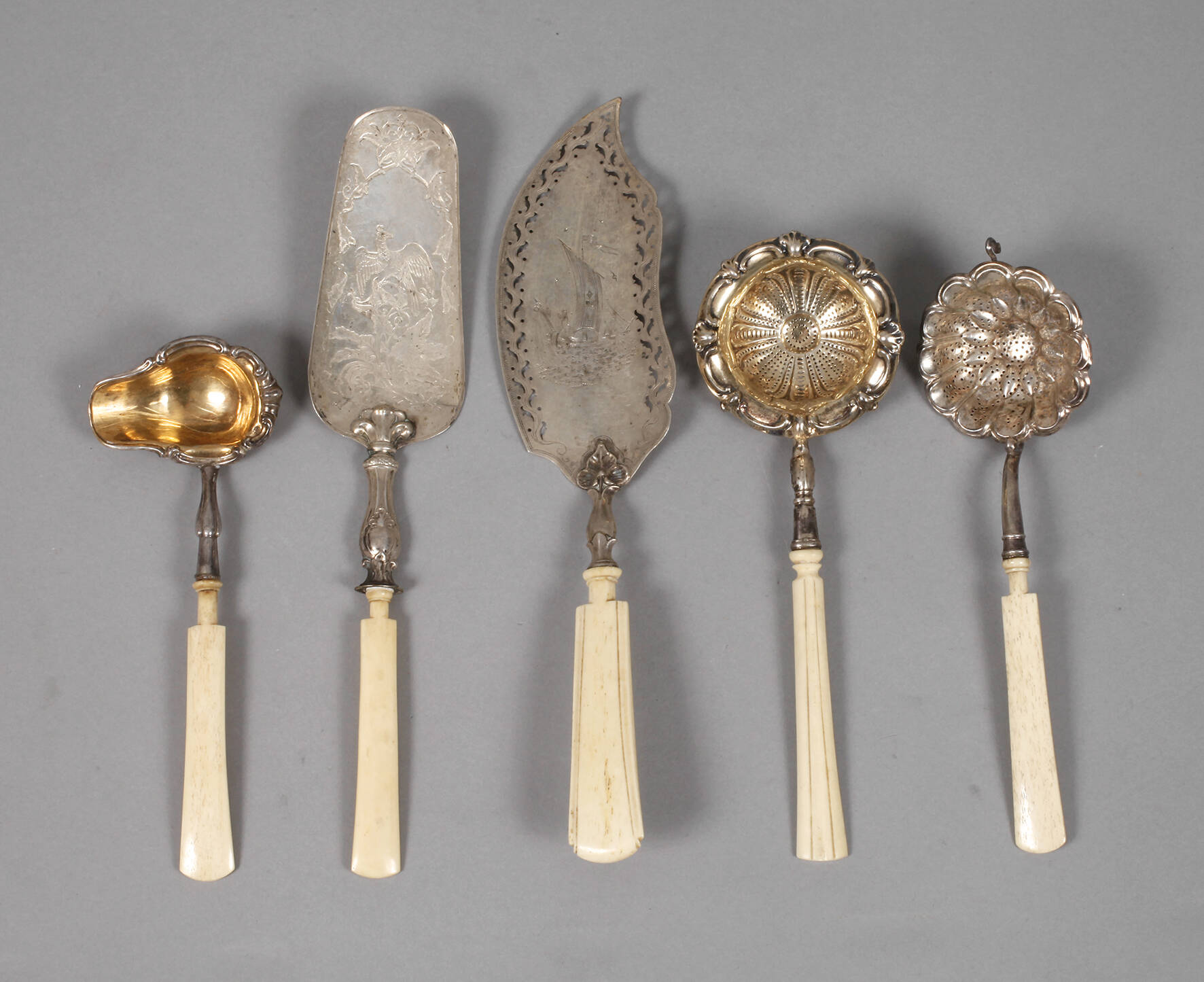 Silber fünf Vorlegeteile mit Elfenbeingriffen