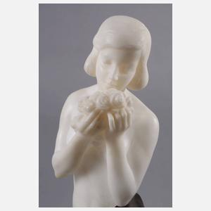 Chryselephantin Mädchenhalbakt mit Blütenbukett