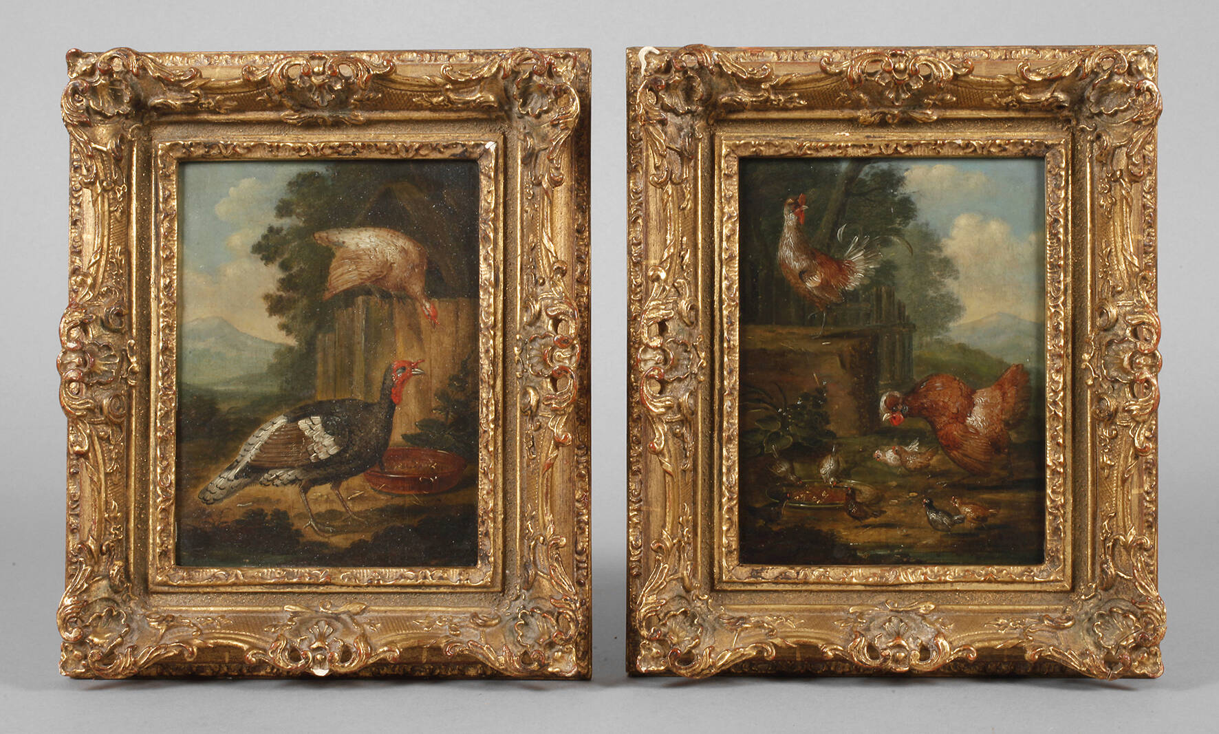 Paar Landschaftsgemälde mit Federvieh