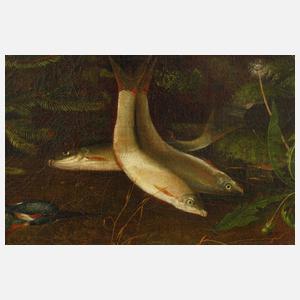 Barockes Waldstillleben mit Angel und Fischen