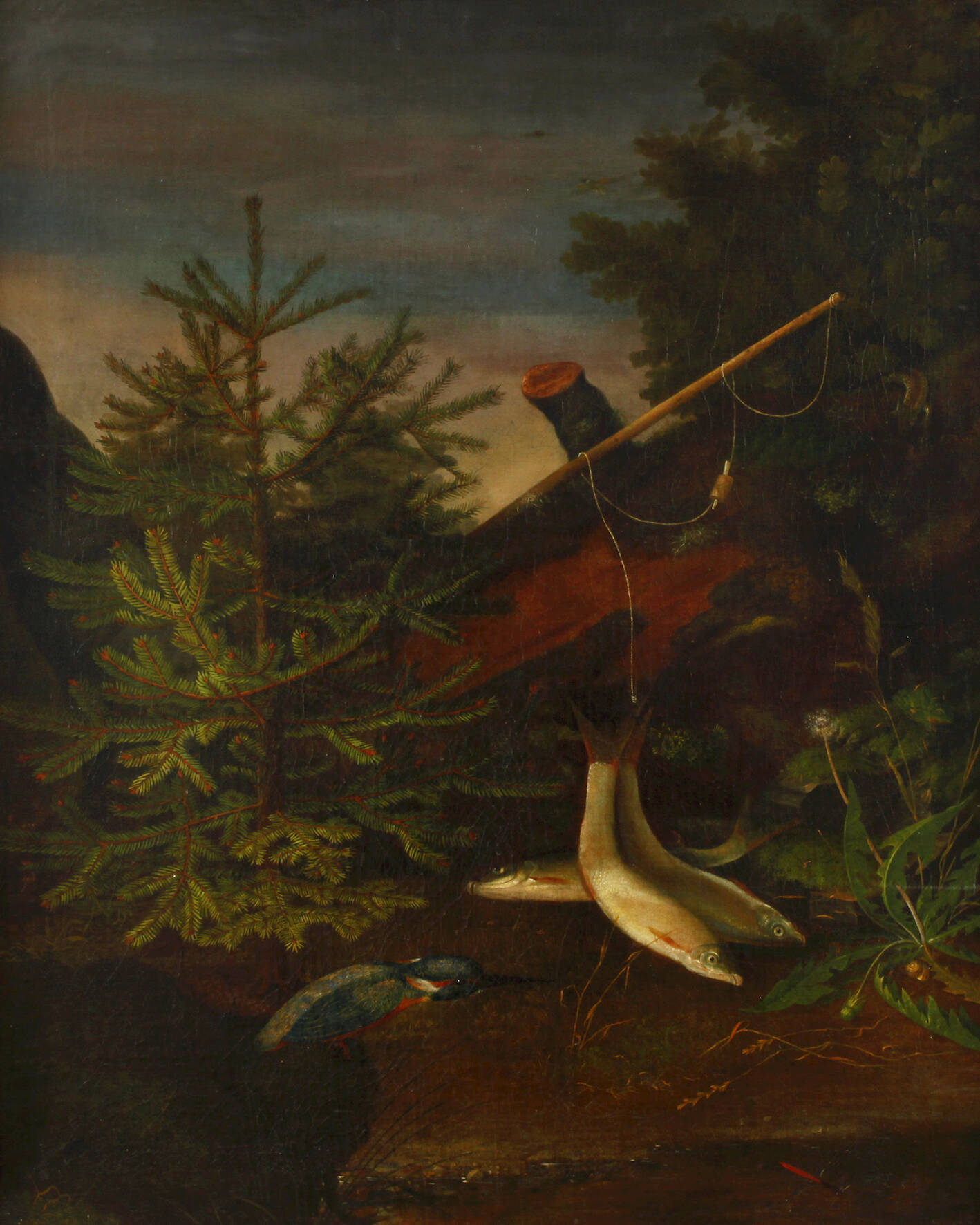 Barockes Waldstillleben mit Angel und Fischen