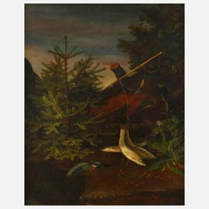 Barockes Waldstillleben mit Angel und Fischen