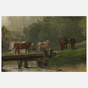 C. Dulac, Bauersfrau und Kühe am Flussufer