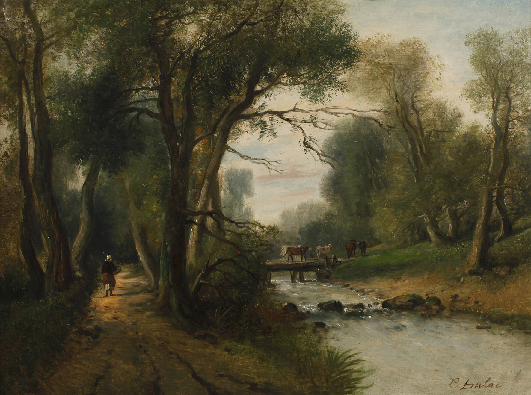 C. Dulac, Bauersfrau und Kühe am Flussufer