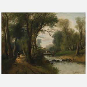 C. Dulac, Bauersfrau und Kühe am Flussufer