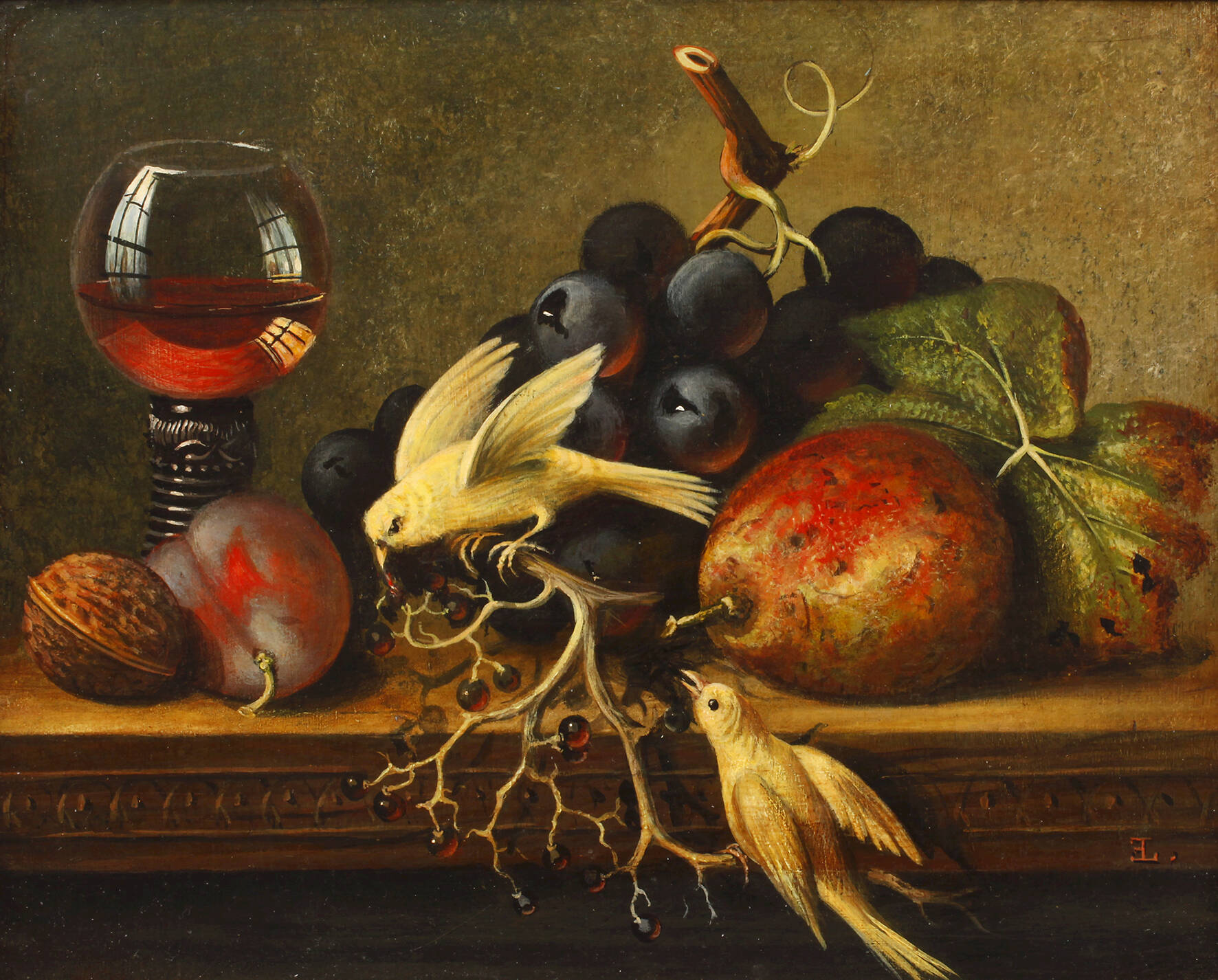 Früchtestillleben mit Kanarienvögeln nach Ladell