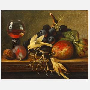 Früchtestillleben mit Kanarienvögeln nach Ladell
