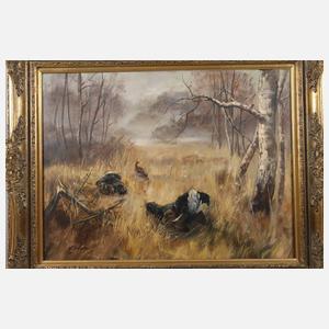 W. Gruber, Balzende Auerhähne auf Waldlichtung