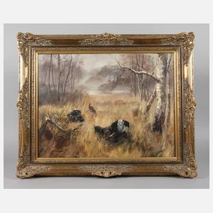 W. Gruber, Balzende Auerhähne auf Waldlichtung