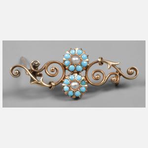 Brosche mit Türkisen und Perlen