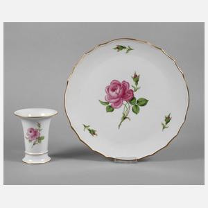 Meissen Tortenplatte und Vase "Rote Rose"