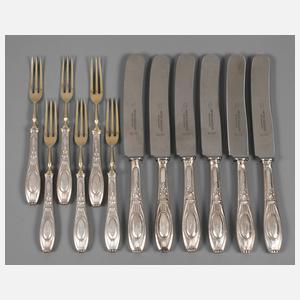 Sechs Abendbrotmesser und sechs Obstgabeln Silber