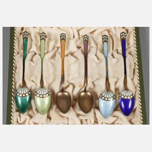 Sechs Mokkalöffel Silber mit Email