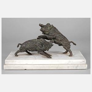 Bronzegruppe kämpfende Wildschweine