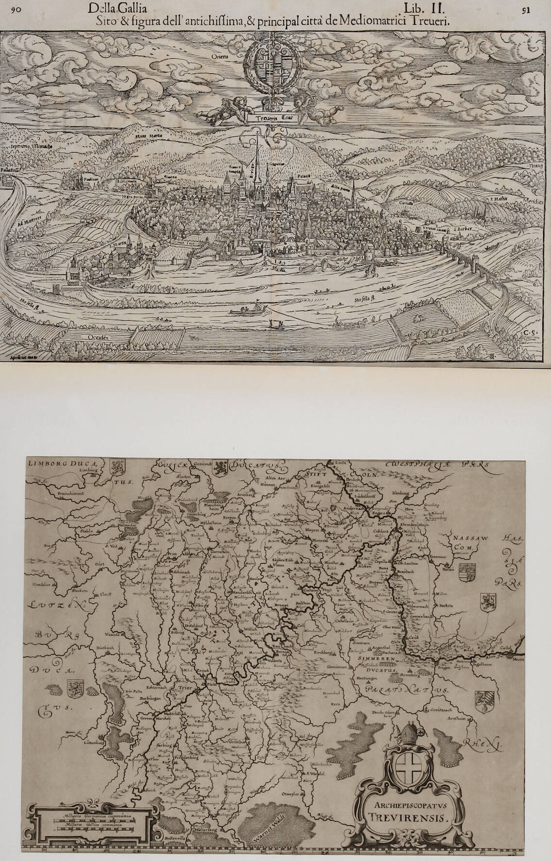 Ansicht von Trier und Karte Erzbistum Trier