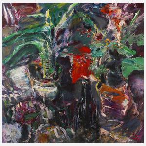 Fritz Fröhlich, Blumenstillleben mit Weinflasche