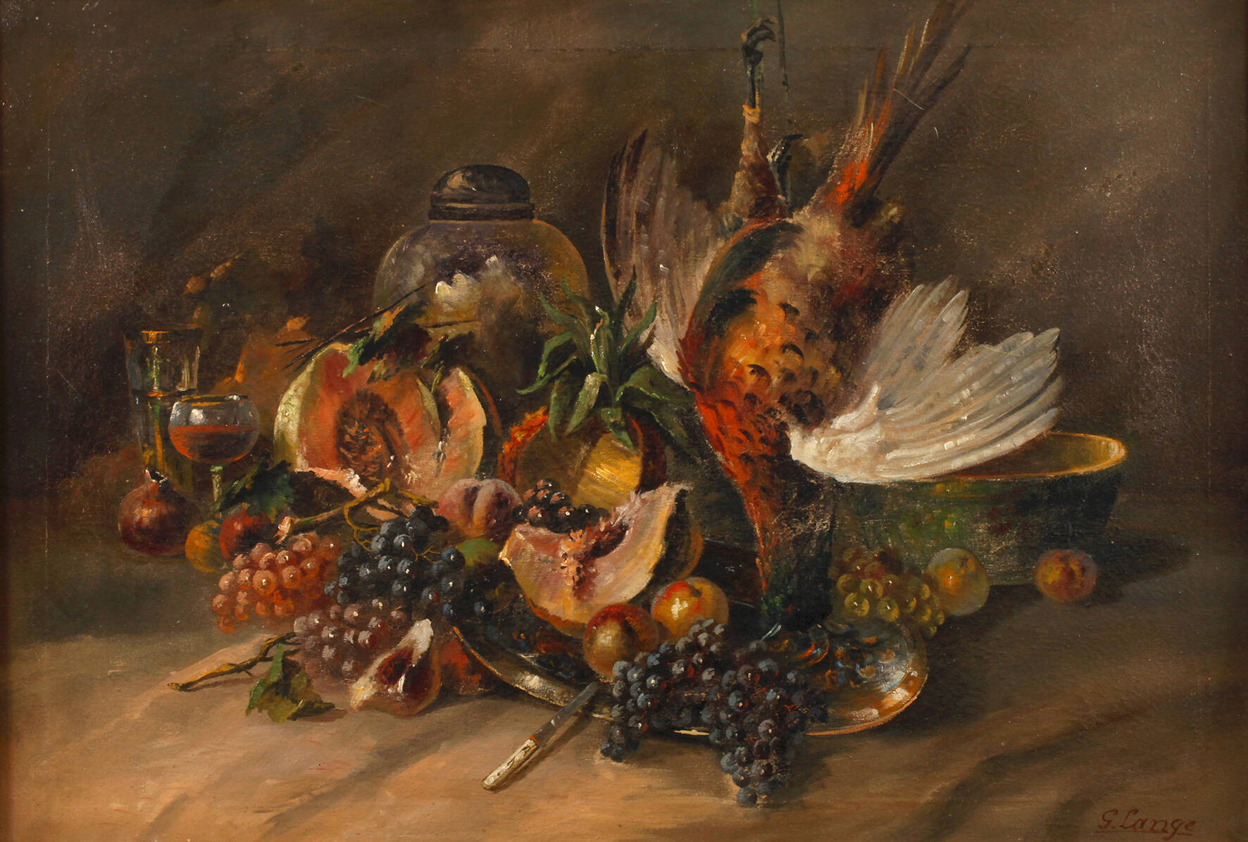 G. Lange, Jagdstillleben mit Früchten