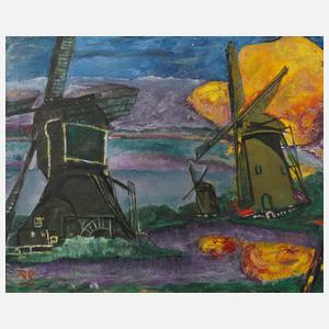 Expressionistische Landschaft mit Windmühlen