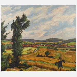 Sommerliche Mittelgebirgslandschaft mit Vogelscheuche