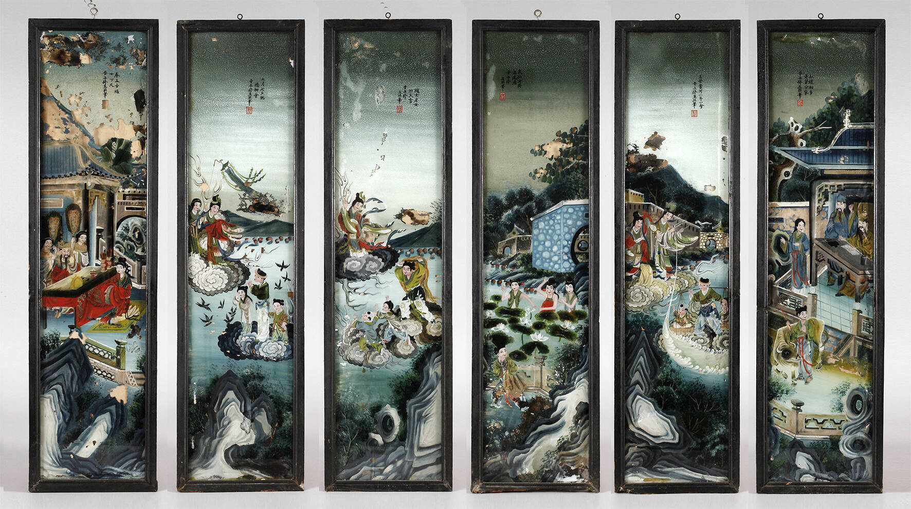 Sechs Hinterglasmalereien China