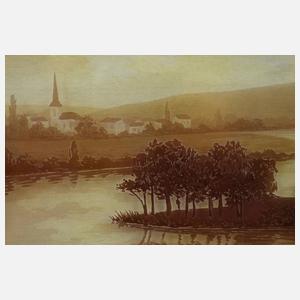 Ätzglasbild mit Flusslandschaft