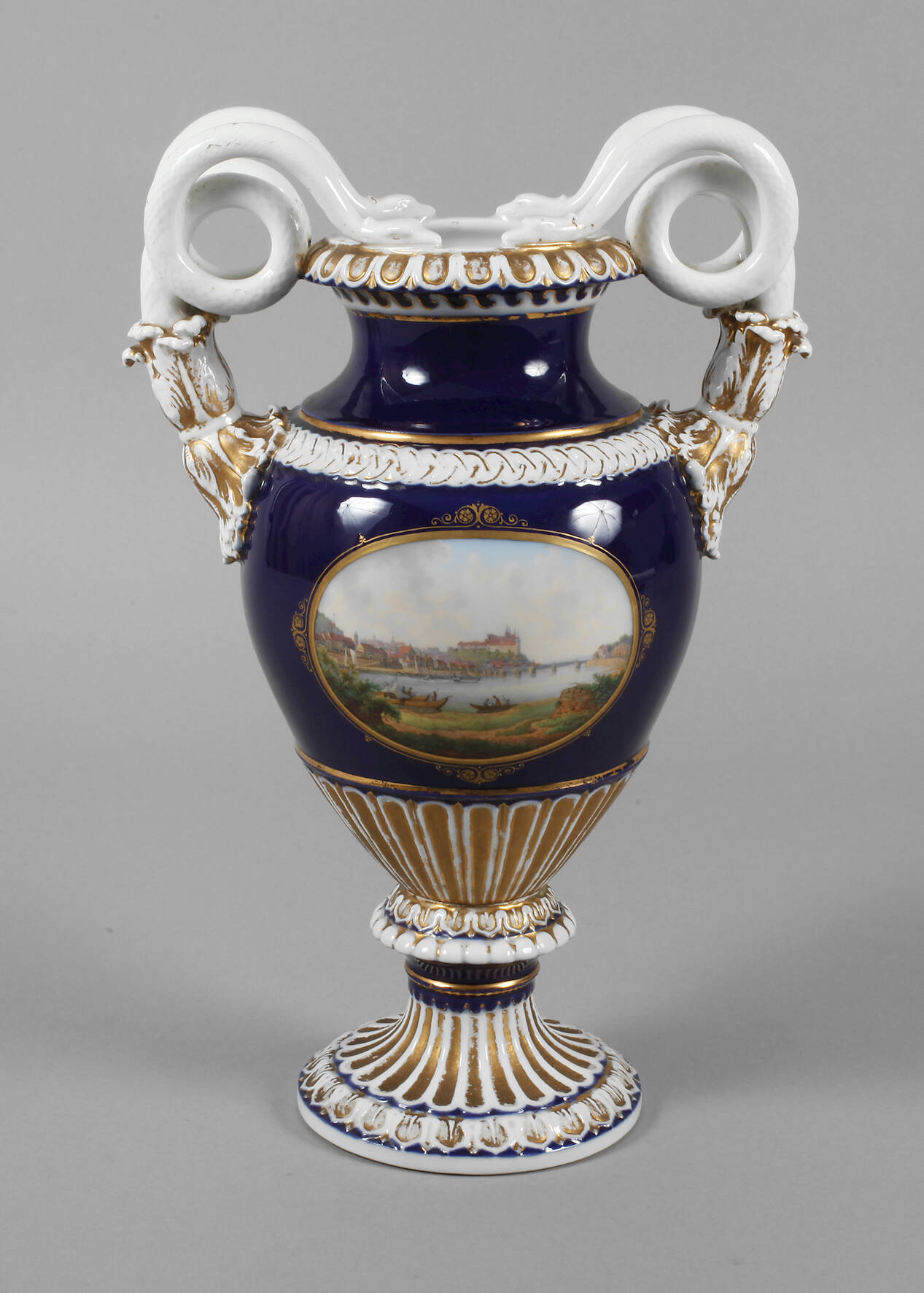 Meissen Schlangenhenkelvase mit Ansicht Meißen