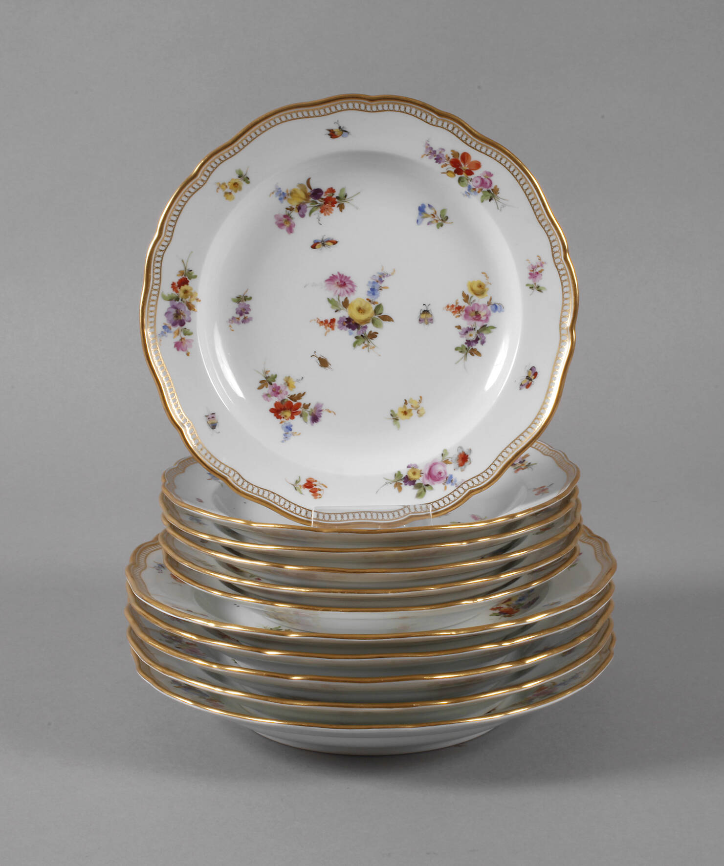 Meissen Konvolut Teller Bukettchen mit Insekten